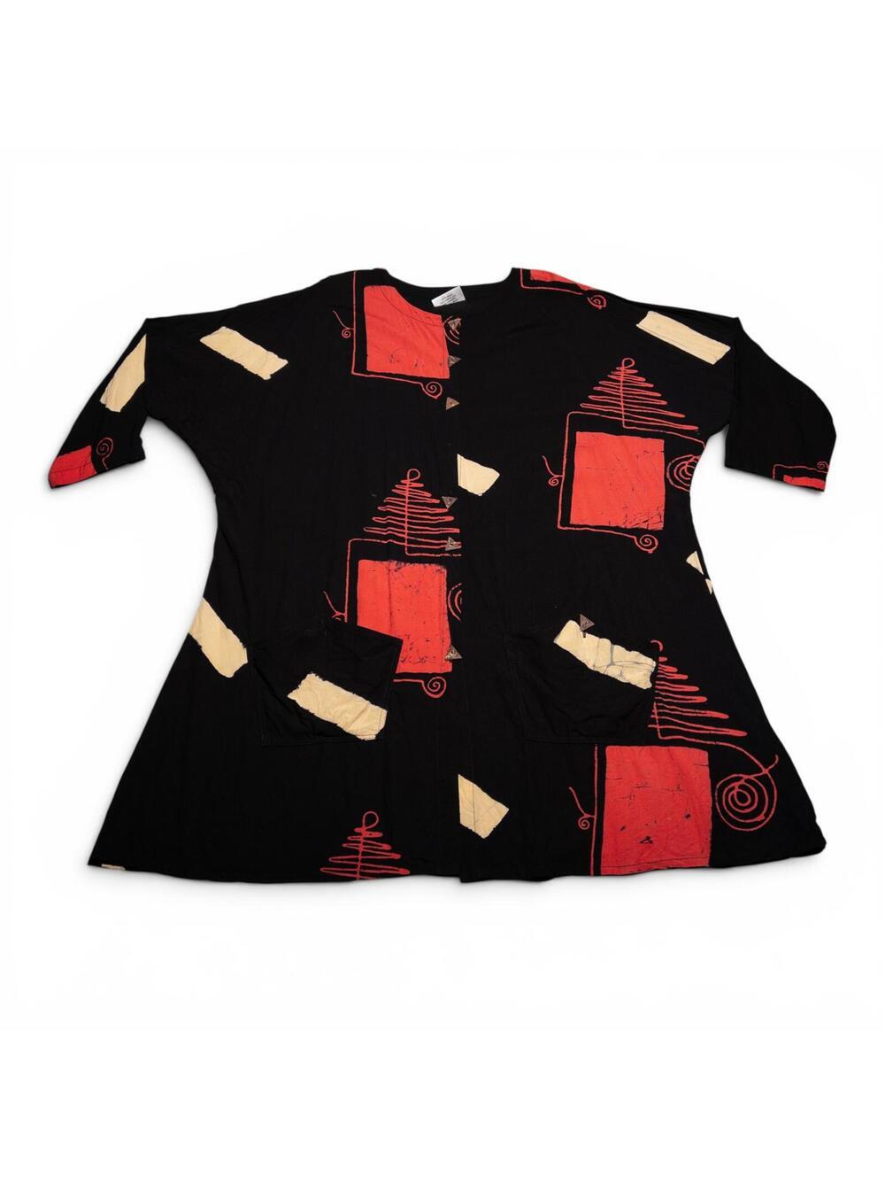 Vintage 90s Abstract Block Print Rayon Button Down Tunic Top & Scarf Set